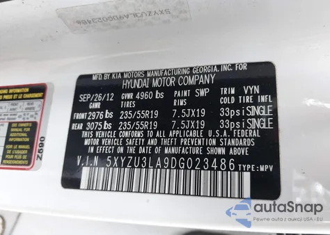 2013 Hyundai Santa Fe Sport 2.0T from USA, damaged, VIN 5XYZU3LA9DG023486